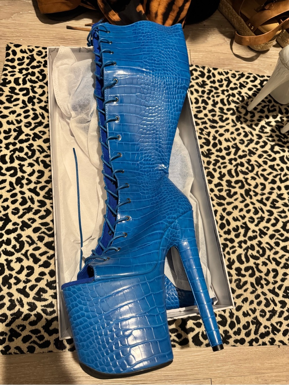 Hella Heels Knee-High Calf Open-Toe 8" Platform Boots — Electric Blue Pole shoes - Picture 6 of 7
